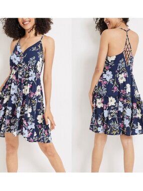 Maurices Racerback Knee-Length Skater DressNavy Blue w/ Floral Accents Size L